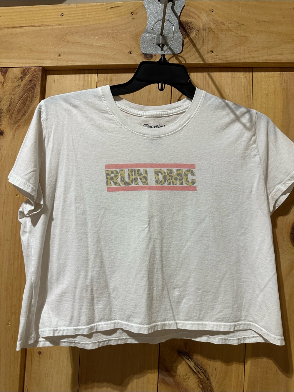Recycled Karma White RUN DMC Graphic Tee with Leopard Print Accent and Pink Bars